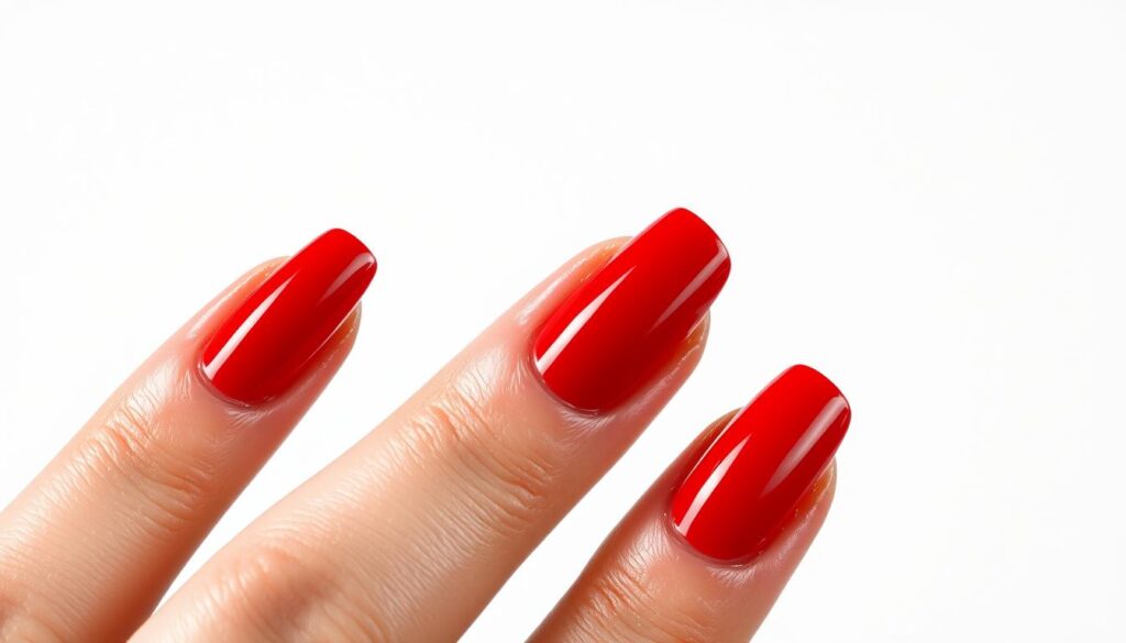 Highly detailed, stylized close-up view of freshly manicured French tip stiletto nails. Painted in a classic red lacquer with a sharp, elongated stiletto shape and a precise, clean white tip. Intricate, glossy textures and reflective surfaces captured under bright, directional studio lighting, creating dramatic shadows and highlights. The nails are the sole focus, filling the frame against a plain, neutral background that allows the elegant design to take center stage.