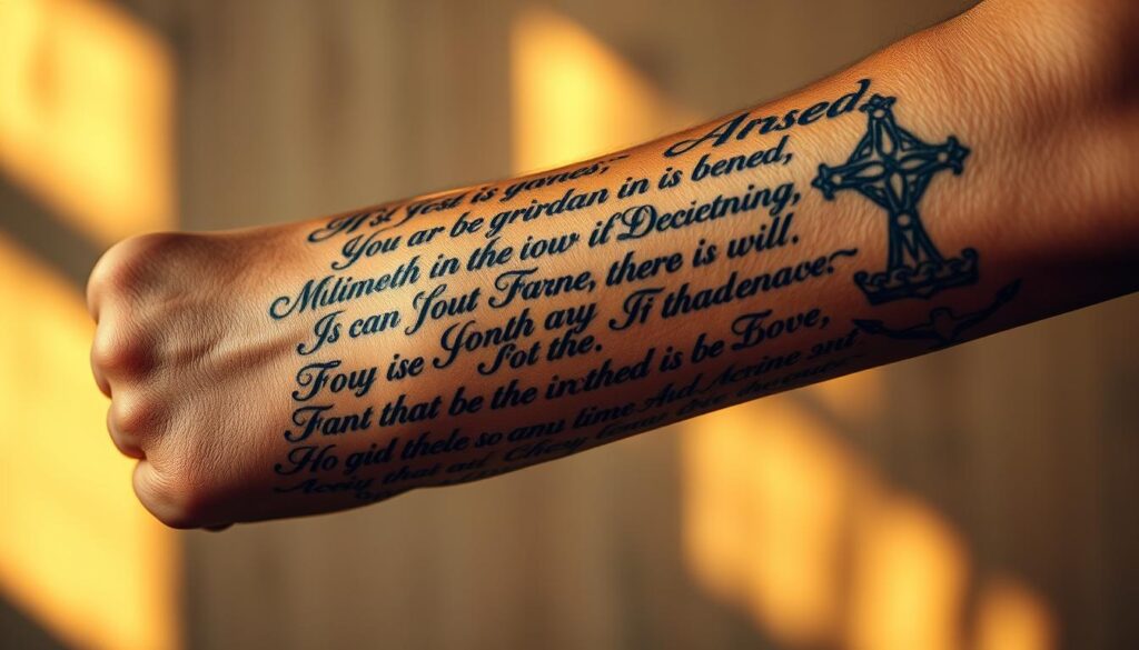Intricate Bible verse tattoos adorning a weathered, muscular forearm. The text etched in flowing cursive, intertwined with symbolic imagery - a cross, a dove, a crown of thorns. Soft, warm lighting casts gentle shadows, highlighting the depth and artistry of the tattoo design. The composition is centered, drawing the viewer's eye to the meaningful details. A sense of reverence and personal significance emanates from the image, inviting the observer to contemplate the deeper spiritual connection.