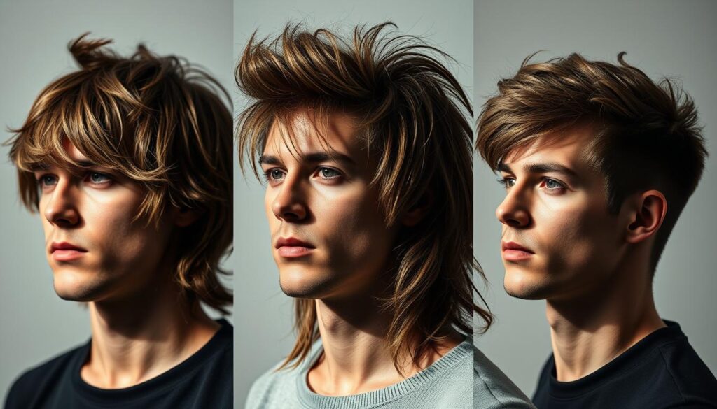 Mullet hairstyle evolution: a chronological progression showcasing the iconic look's transformation over time. Detailed portraits depict the classic 1970s shag, the bold 1980s "business in the front, party in the back" style, and the modern, tapered interpretation. Dramatic lighting casts dynamic shadows, drawing attention to the diverse textures and flowing silhouettes. A neutral color palette allows the hairstyles to take center stage, while a shallow depth of field isolates each subject against a softly blurred background. This visual narrative captures the mullet's enduring appeal and its influential role in defining distinct eras of men's fashion and cultural identity.