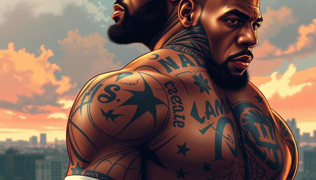 Prompt A detailed illustration of LeBron James' diverse array of tattoos, their cultural significance, and their impact on sports and society. In the foreground, a meticulously rendered close-up of LeBron's inked skin, showcasing the intricate designs and symbolism that adorn his body. In the middle ground, a dynamic composition highlighting the variety of tattoos, from personal tributes to cultural influences. In the background, a subtly blurred cityscape or landscape, representing the broader social and cultural context in which LeBron's tattoos have resonated. The lighting should be dramatic, with a mix of warm and cool tones, casting shadows that accentuate the tattoos' depth and texture. The overall mood should convey a sense of cultural significance, personal expression, and the intersection of sports, identity, and societal impact.