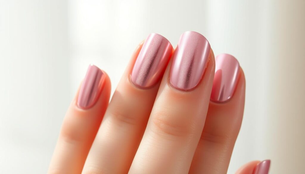 Seasonal Light Pink Chrome Nails: A Chic Manicure for All Occasions Graceful light pink chrome nails against a softly diffused, ambient light. Captured in a close-up, the lustrous metallic sheen reflects the changing seasons, with hints of warm golden tones. Delicate yet bold, the nails are neatly shaped and buffed to a high gloss finish. The lighting gently accentuates the dimensional texture, creating a sense of depth and movement. A serene, elegant composition that evokes a sense of timeless sophistication.