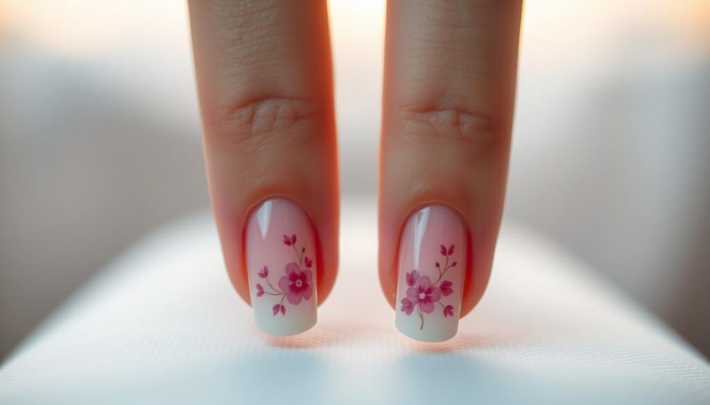 Seasonal nail art with delicate pink and white french tips, set against a soft, atmospheric background. The nails feature intricate designs that capture the essence of the current season, with subtle hints of nature's beauty. Pristine white polish forms the base, while vibrant pink accents create a graceful, feminine look. The lighting is soft and diffused, casting a warm glow and highlighting the intricate details. The camera angle is close-up, showcasing the artistry and precision of the nail art. An overall serene and elegant mood, evoking a sense of calm and sophistication.