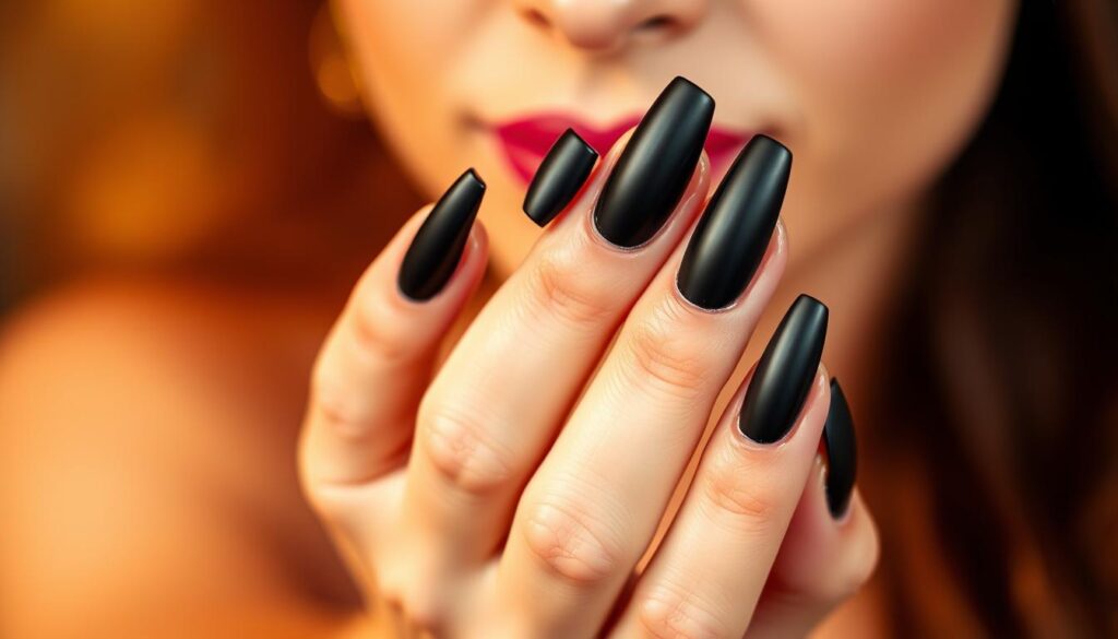 Short stiletto acrylic nails in a glamorous setting. Close-up shot of a female hand with sharp, elongated nails in a matte black color. The nails are meticulously sculpted with a tapered, stiletto shape. Soft, warm lighting illuminates the nails, highlighting their glossy, mirror-like finish. The background is blurred, creating a focus on the intricate details of the nails. The composition emphasizes the elegance and sophistication of the short stiletto design, capturing the essence of a professional manicure.