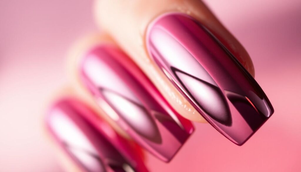 Sleek and shimmering chrome nails in a captivating pink and black color scheme, capturing the essence of the modern style trend. A close-up view showcases the intricate, mirror-like finish, with subtle reflections dancing across the curved surfaces. The nails are set against a softly diffused, pastel-toned background, creating a serene, elegant atmosphere that highlights the bold, yet refined, color combination. Dramatic lighting from the side accentuates the dimensional, almost liquid-like quality of the chrome, casting dramatic shadows and highlights. The overall composition draws the viewer's attention to the striking, fashion-forward nails, inviting them to embrace the alluring pink and black chrome aesthetic.