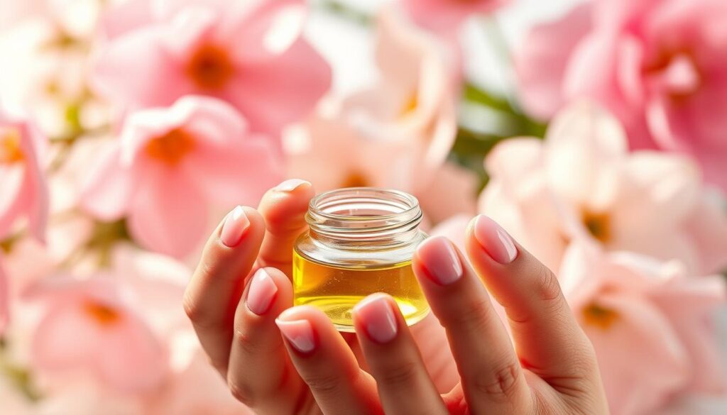 Soft pink oval nails with a healthy glow, meticulously manicured against a delicate floral backdrop. Subtle lighting casts a warm, radiant ambiance, highlighting the natural luster of the nails. In the foreground, a set of well-maintained hands gently clasping a small glass jar filled with a nourishing nail oil. The middle ground features an array of pink and white flowers, their petals softly blurred, creating a serene, spa-like atmosphere. The background fades into a hazy, out-of-focus elegance, allowing the subject to take center stage. An image that embodies the essence of nail health and the beauty of pink oval designs.