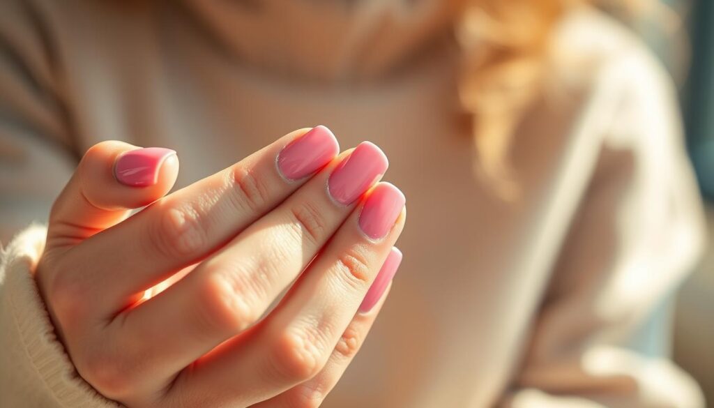 Soft, well-manicured hands delicately applying a layer of glossy, pastel pink nail polish. A close-up view, with a shallow depth of field, capturing the intricate details and texture of the nails. Warm, natural lighting illuminates the scene, creating a radiant, feminine atmosphere. The nails are freshly painted, reflecting the light and highlighting the vibrant hue. The background is blurred, allowing the focus to remain on the meticulous nail care process. A serene, relaxing mood is conveyed, emphasizing the importance of maintaining the perfect pink hoco nails.