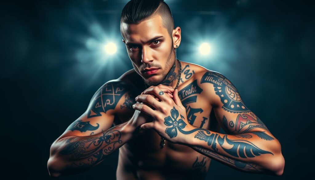 Striking baddie-style tattoos with edgy, customized designs cover the foreground. Artfully placed on the subject's skin, the tattoos feature a mix of bold geometric patterns, gothic motifs, and dark, mysterious symbols. The middle ground showcases the subject's pose - a confident, defiant stance that exudes an aura of rebellious cool. The background is a moody, atmospheric setting, with dramatic lighting that casts dramatic shadows and highlights the intricate details of the tattoos. The overall mood is one of gritty, urban sophistication, capturing the essence of the baddie aesthetic.
