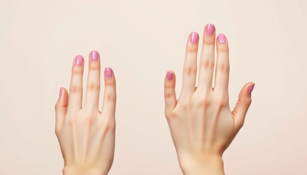 Two expertly manicured hands, one with a professional pink gel polish, the other with a DIY at-home pink nail polish application. The professional hand is positioned in the foreground, showcasing the flawless, glossy finish and precise cuticle line. The DIY hand is in the middle ground, revealing a slightly uneven application and a few stray polish smudges. The background is a soft, pastel-toned gradient, creating a clean, minimalist composition that allows the hands to be the central focus. Bright, even lighting illuminates the texture and shine of the nail polish, while a slightly shallow depth of field keeps the viewer's attention on the contrasting nail looks. The overall mood is one of comparison, highlighting the differences between a professional salon treatment and a homemade mani.
