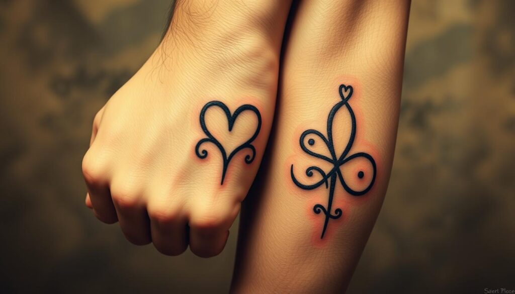 Two intertwined brother tattoos in a realistic, photographic style, featuring intricate line work, shading, and a soft, warm lighting. The tattoos are displayed prominently against a blurred, muted background, emphasizing the personal, meaningful connection between the brothers. The design incorporates a subtle, symbolic element that represents their bond, such as a shared symbol or motif. The overall composition is balanced and visually striking, capturing the essence of customized, bespoke brother tattoos.