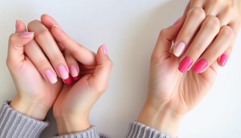 Two sets of manicured hands - one showing DIY ombre nails with a pink gradient, the other displaying a professionally applied ombre effect with a smooth, seamless transition. The DIY nails have visible brushstrokes and uneven coverage, while the professional nails have a sleek, salon-quality finish. The hands are shot from a slightly elevated angle, with soft, directional lighting illuminating the intricate nail details. The background is a clean, neutral surface, allowing the nails to be the focal point. The overall mood is one of comparison, highlighting the differences between a homemade ombre manicure and a polished, expert application.