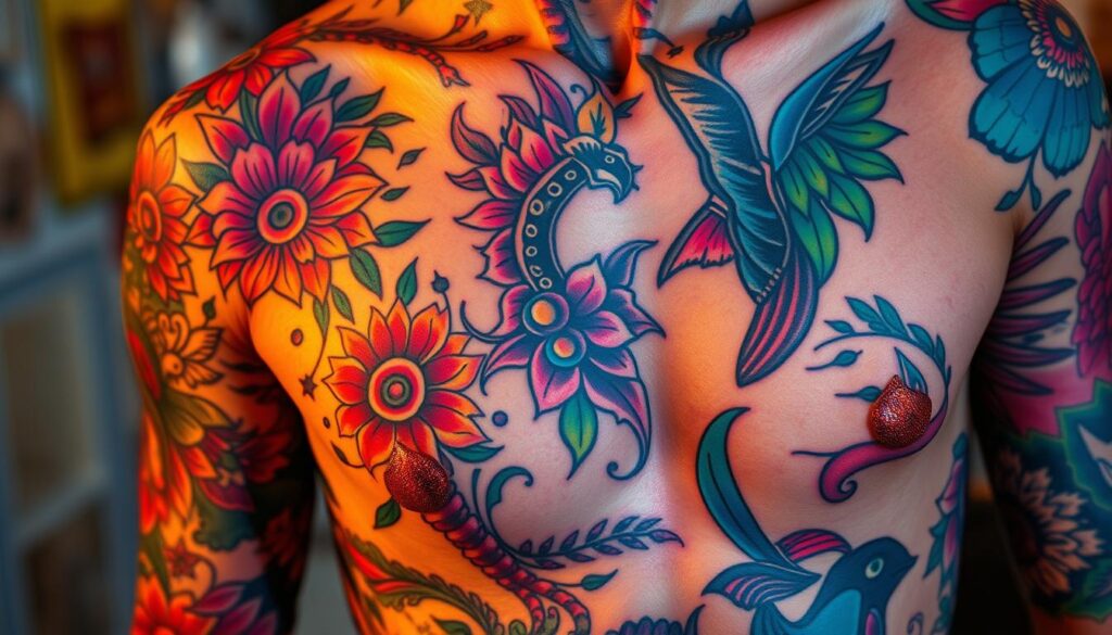 Vibrant, colorful tattoo designs adorning a human canvas, showcasing the latest trends in body art. A kaleidoscope of intricate patterns, bold lines, and vivid hues that flow organically across the skin. Detailed floral motifs, abstract geometrics, and mythical creatures come to life under the warm, directional lighting, captured from a slightly elevated angle to highlight the depth and texture of the tattoos. The background is blurred, allowing the vibrant tattoos to be the focal point, emanating a sense of artistry, self-expression, and individualism.
