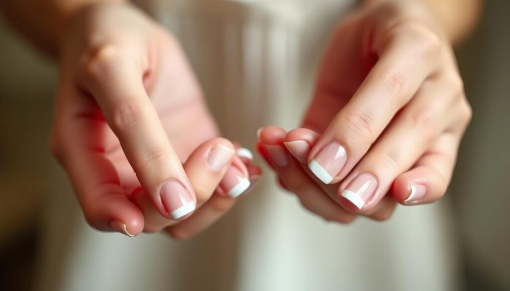 a close-up photograph of a woman's hands with a french manicure, showcasing a set of short, neatly trimmed nails with a classic white tip and a soft, natural-looking base. The nails are perfectly groomed, with no visible smudges or imperfections. The lighting is soft and diffused, creating a gentle, ethereal atmosphere. The hands are positioned in a relaxed, natural pose, with the fingers slightly spread to highlight the elegant shape of the nails. The background is blurred, drawing the viewer's attention solely to the well-executed french manicure, which serves as a cautionary example of a common mistake - overdoing the length and thickness of the white tips, resulting in an unnatural and amateurish appearance.