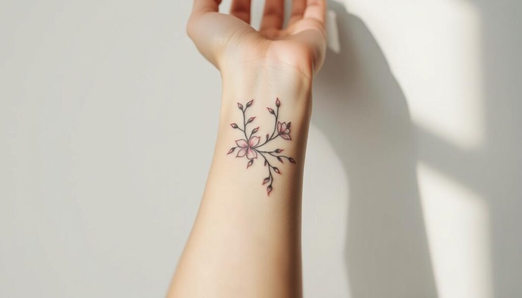 a close-up shot of a woman's hand with a delicate, intricate floral tattoo design on her wrist, the petals and vines flowing gracefully across her skin, casting soft, natural shadows against a plain, light-colored background, the image capturing the beauty and uniqueness of personal self-expression through body art, conveying a sense of feminine power and individuality