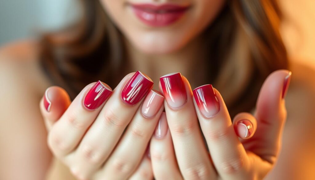 a close-up view of a woman's hands with a beautiful ombre nail art design, with the nails transitioning from a deep red at the base to a soft pink at the tips, creating a harmonious and elegant effect. The nails are meticulously manicured, with a glossy finish that catches the light. The lighting is soft and diffused, creating a warm and inviting atmosphere. The angle is slightly elevated, allowing the viewer to appreciate the intricate details of the nail art. The background is blurred, keeping the focus solely on the captivating nail design.