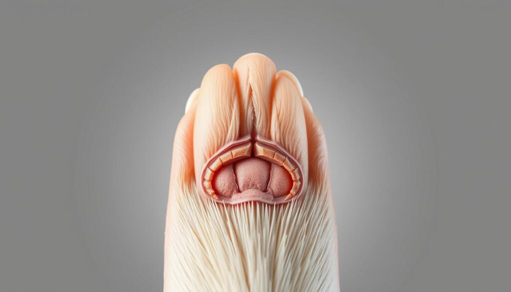 a detailed, anatomical illustration of a dog's nail structure, showing the layers and internal components in cross-section. The nail is depicted in high magnification, illuminated by soft, even lighting that accentuates the subtle textures and structures. The background is a clean, neutral gradient that allows the nail anatomy to be the focal point. The composition places the nail in the center, with a sense of balance and symmetry. The level of detail should be suitable for educational or medical purposes, with a clear, scientific presentation.