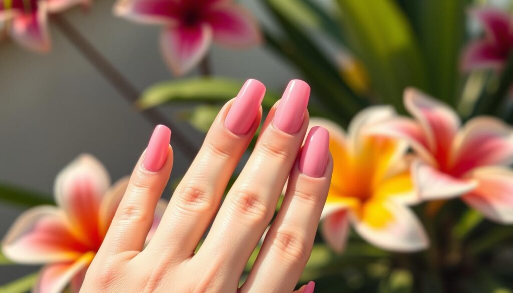 a detailed, high-quality photograph of perfectly manicured long pink nails with a glossy summer finish, set against a soft, out-of-focus background of tropical flowers and greenery, with warm, natural lighting and a shallow depth of field that focuses the viewer's attention on the nails