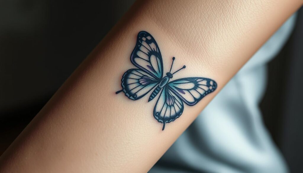 a detailed, realistic close-up of a female's forearm, showcasing a delicate, beautifully designed butterfly tattoo. the tattoo is rendered in shades of blue, purple, and white, with intricate patterns and details that capture the graceful movement of the butterfly's wings. the skin is smooth and lifelike, with subtle shadows and highlights that accentuate the three-dimensional quality of the tattoo. the lighting is soft and natural, creating a serene, ethereal atmosphere. the angle is slightly tilted, allowing the viewer to appreciate the depth and complexity of the artwork. the overall impression is one of elegance, artistry, and the wearer's personal connection to the butterfly motif.