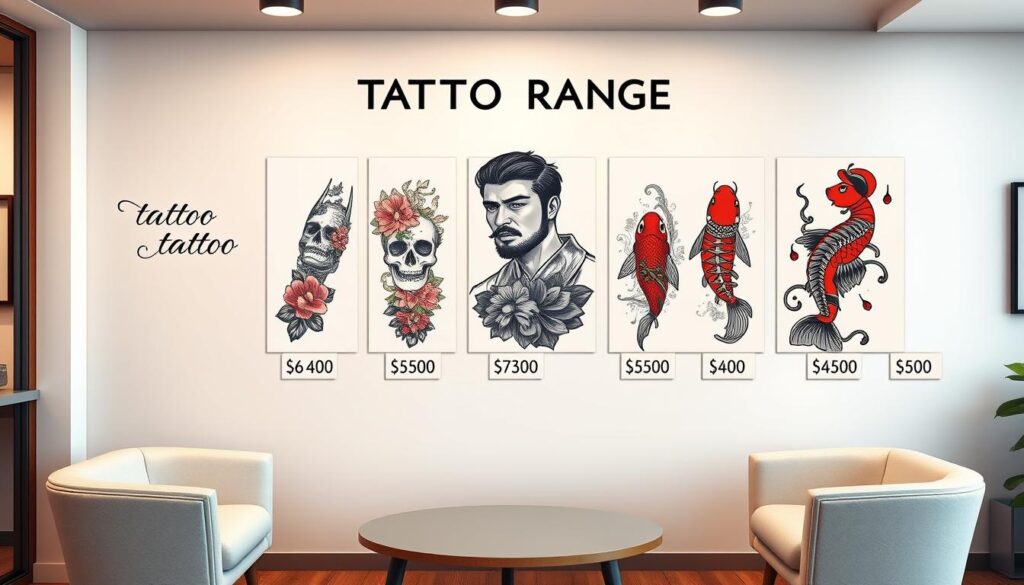 a detailed realistic digital painting of a tattoo price range display, showing an assortment of various tattoo styles and their corresponding price tags in USD. the display is set up in a modern tattoo parlor interior, with white walls, minimalist furniture, and warm lighting. the tattoo styles include a small cursive text tattoo, a large floral sleeve tattoo, a black and grey portrait tattoo, a colorful abstract tattoo, and a traditional Japanese-style koi fish tattoo. the price tags range from $50 to $500, displaying the typical cost spectrum for different tattoo designs and sizes. the composition is shot from a slightly elevated angle to showcase the full display in a clean, organized manner.