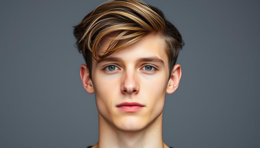 a high-quality, detailed portrait photograph of a young Caucasian male with a modern center part hairstyle, shot from the chest up against a simple, muted gray background. The subject has neatly styled, medium-length brown hair parted evenly in the center, with strands falling naturally around the face. His expression is calm and confident, with a slight sideways gaze. The lighting is soft and flattering, creating subtle shadows that accentuate the structure of the face. The depth of field is shallow, keeping the subject in sharp focus while blurring the background. The overall mood is sophisticated and stylish, reflecting the contemporary revival of the middle part haircut trend.