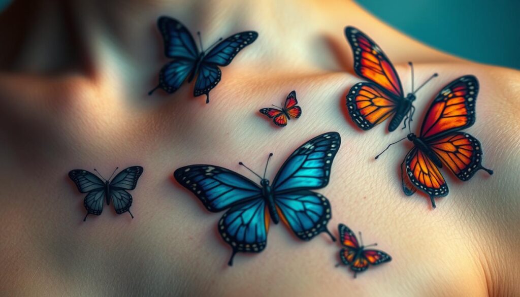 a highly detailed, photorealistic image of several butterfly tattoos on a person's skin, capturing the intricate designs and vibrant colors of the tattoos. The butterflies should be depicted with a sense of lightness and grace, as if they are gently fluttering across the skin. The tattoos should be shown in a way that highlights their delicate and captivating nature, dispelling any misconceptions about butterfly tattoos being overly simplistic or cliché. The lighting should be soft and diffused, creating a serene and ethereal atmosphere. The camera angle should be slightly angled to provide a clear and engaging view of the tattoos, showcasing their beauty and artistry.