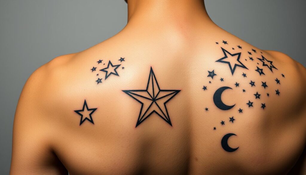 a highly detailed, photorealistic image of several popular star tattoo designs, rendered in a studio setting with dramatic lighting and a clean, minimal background. The designs include a small delicate star, a cluster of stars in various sizes, a larger bold star with intricate linework, and a celestial-inspired design with crescent moons and scattered stars. The tattoos are depicted on realistic-looking skin with pores and texture, showcasing the intricate details and artistry of the tattoo work. The lighting casts dramatic shadows and highlights the dimensional qualities of the tattoos, creating a captivating and visually striking composition.