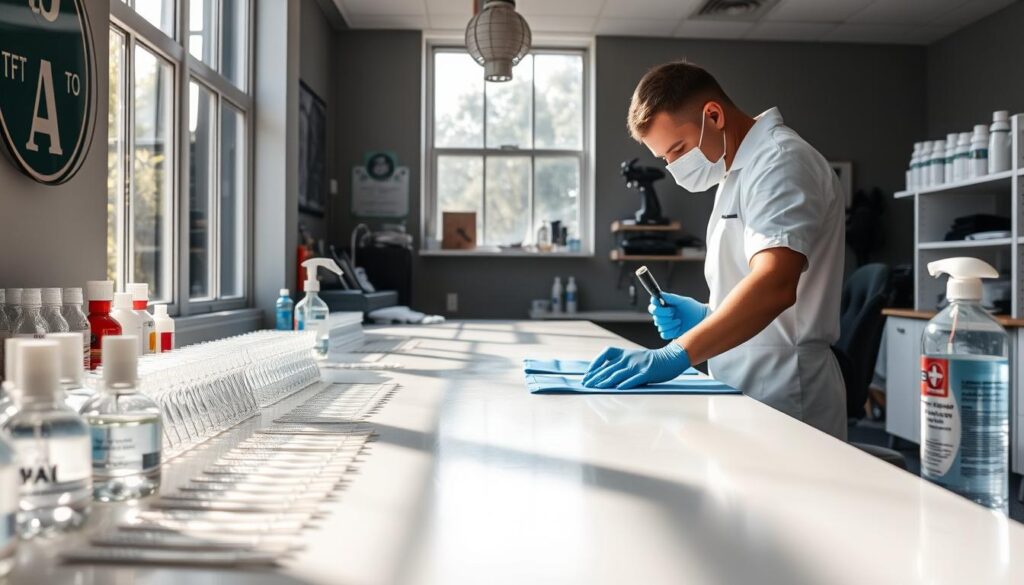 a pristine tattoo studio, the counter bathed in bright, natural light from large windows. Rows of freshly sterilized tattoo needles, disposable gloves, and disinfectant solutions line the surfaces. A tattoo artist, dressed in a clean white smock, meticulously wipes down the workstation, ensuring the highest standards of cleanliness and safety. The atmosphere is one of clinical precision, with an undercurrent of artistry and creativity, reflecting the care and attention to detail required in this profession.