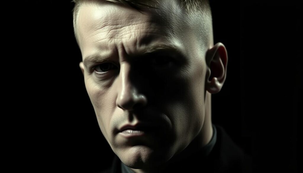 a striking undercut hairstyle with sharp, well-defined features, the classic Hitler haircut is captured in a high-contrast, close-up portrait shot. The subject's hair is parted neatly on the side, with the short, cropped sides and longer, slicked-back top creating a distinct silhouette. The lighting is dramatic, casting deep shadows that accentuate the strong jawline, prominent brow, and piercing gaze. The mood is somber and intense, reflecting the historical significance and controversial nature of this iconic style. The image is rendered in a cinematic, almost black-and-white aesthetic, heightening the sense of timelessness and gravitas.