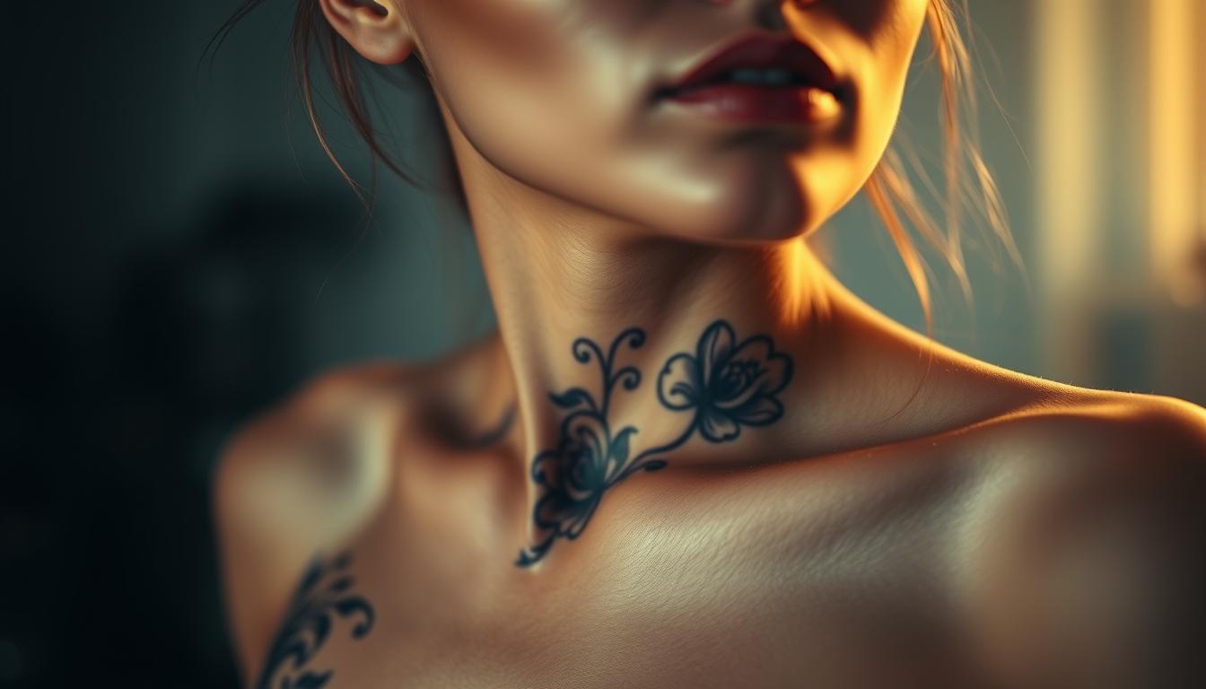 female front neck throat tattoos