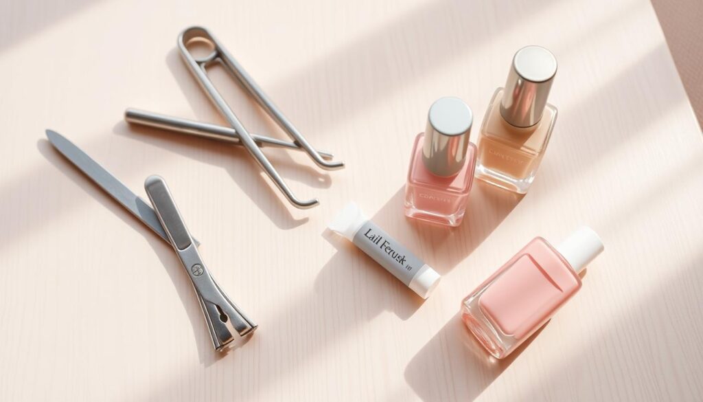 high-quality photograph of a collection of nail care essentials arranged on a light-colored wooden table, including a nail file, nail clippers, cuticle pusher, cuticle cream, and nail polish bottles in soft pink and nude shades, with natural lighting creating warm, soft shadows and highlights, creating an elegant, inviting, and calming atmosphere that reflects the theme of "Nail Care Tips for Maintaining Pink Nails"