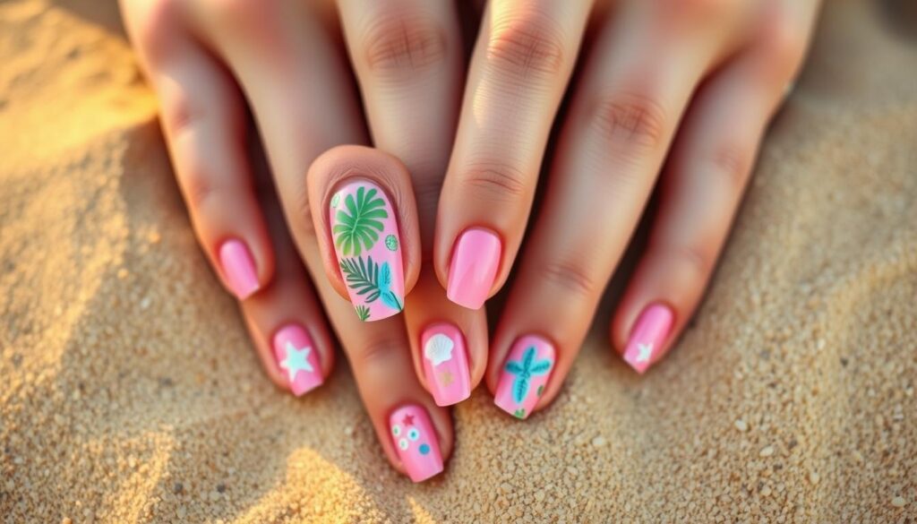 high-resolution, detailed close-up of a woman's hands resting on a sandy beach, with a vibrant pink manicure featuring tropical designs such as palm leaves, seashells, and starfish, all painted in a pastel palette. The nails are perfectly shaped and buffed, with a glossy, high-shine finish. The hands are partially submerged in the warm, golden sand, creating a sense of relaxation and escapism. The lighting is soft and natural, with a warm, golden glow that enhances the colors and textures. The background is slightly blurred, focusing the viewer's attention on the beautifully accessorized nails against the serene, beach setting.