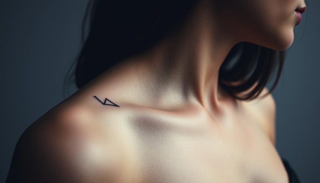 minimalist tattoos of delicate geometric shapes and patterns on a female body, shot in a moody, low-key lighting with a soft, hazy atmosphere. the tattoos are placed on the wrist, collarbone, or behind the ear, creating a subtle, understated elegance. the composition focuses on the intricate line work and negative space, emphasizing the simplicity and significance of the designs. the overall aesthetic is one of refined beauty and personal expression.