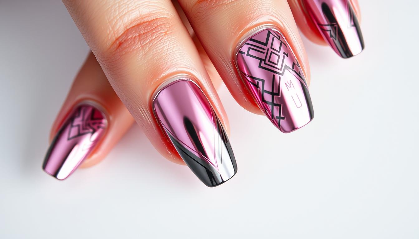 pink and black chrome nails