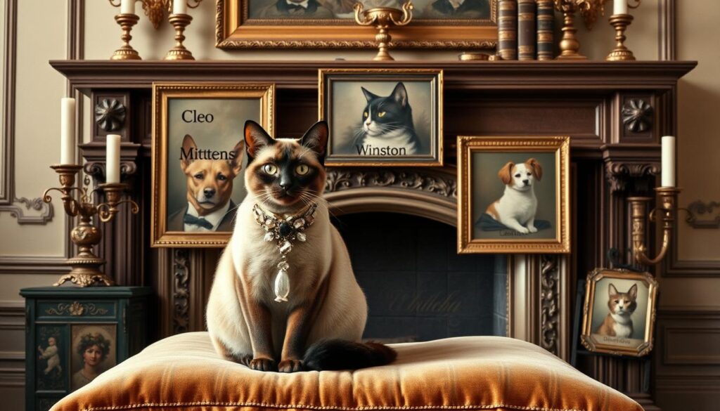 A Renaissance-inspired tableau depicting a selection of elegant historical cat names rendered in an antique, hand-painted style. In the foreground, a regal Siamese cat adorned with a bejeweled collar sits atop a lush, velvet cushion, its gaze commanding. Behind it, a grouping of framed portraits showcases the profiles of esteemed feline companions from bygone eras - names like Cleo, Mittens, and Winston, each exquisitely rendered in a muted, aged palette. The backdrop features a grand, ornate fireplace with a mantel adorned with ornate candlesticks and bound leather tomes, evoking a sense of timeless sophistication. Soft, warm lighting casts a gentle glow over the scene, creating an atmosphere of refined, historical charm.