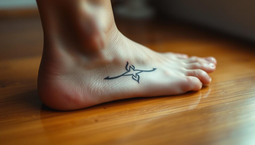 A bare foot resting on a smooth, wooden surface, the skin tanned and glowing. The focus is on the inner arch, where a delicate, intricate tattoo design unfurls, its lines and patterns creating a captivating visual story. The lighting is soft and diffused, casting gentle shadows that accentuate the contours of the foot and the tattoo. The background is blurred, drawing the viewer's attention to the central subject. The mood is serene, inviting the viewer to appreciate the art and placement of the tattoo in a contemplative, almost meditative manner.