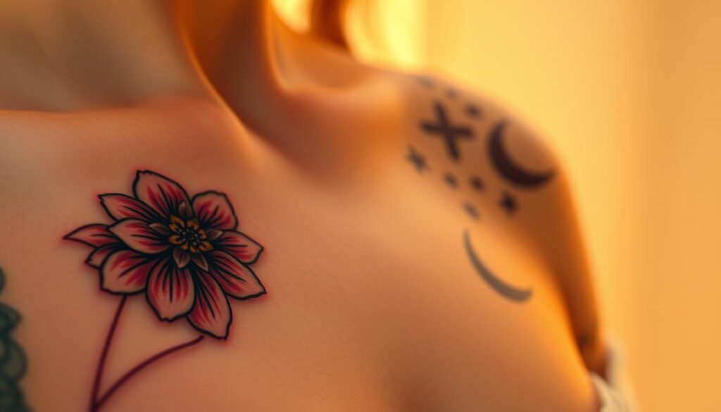 A beautiful arrangement of delicate, intricate tattoos gracing the skin. The foreground features a captivating floral design with vibrant petals and intricate linework, casting a soft, ethereal glow. In the middle ground, a whimsical cluster of stars and crescents creates a celestial, dreamlike atmosphere. The background subtly fades into a hazy, warm-toned gradient, complementing the overall serene and alluring composition. Lit by warm, natural lighting from an unseen source, the tattoos radiate a sense of elegance and personal expression. Captured through a medium-close lens, the image invites the viewer to appreciate the artistry and beauty of these "pretty tattoos."
