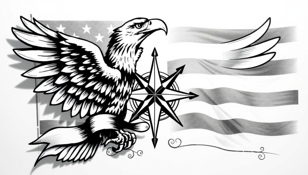 A black and white American traditional tattoo design, featuring bold lines, solid fills, and iconic motifs. In the foreground, a detailed illustration of a classic eagle, its wings spread wide, talons grasping a flowing ribbon. The middle ground showcases a nautical star, a symbol of navigation and guidance, flanked by intricate flourishes and swirling patterns. In the background, a faded American flag, its stripes and stars subtly present, evokes a sense of patriotism and heritage. The lighting is dramatic, with high contrast shadows accentuating the bold, graphic nature of the design. The overall composition is balanced and visually striking, embodying the core principles of American traditional tattoo art.