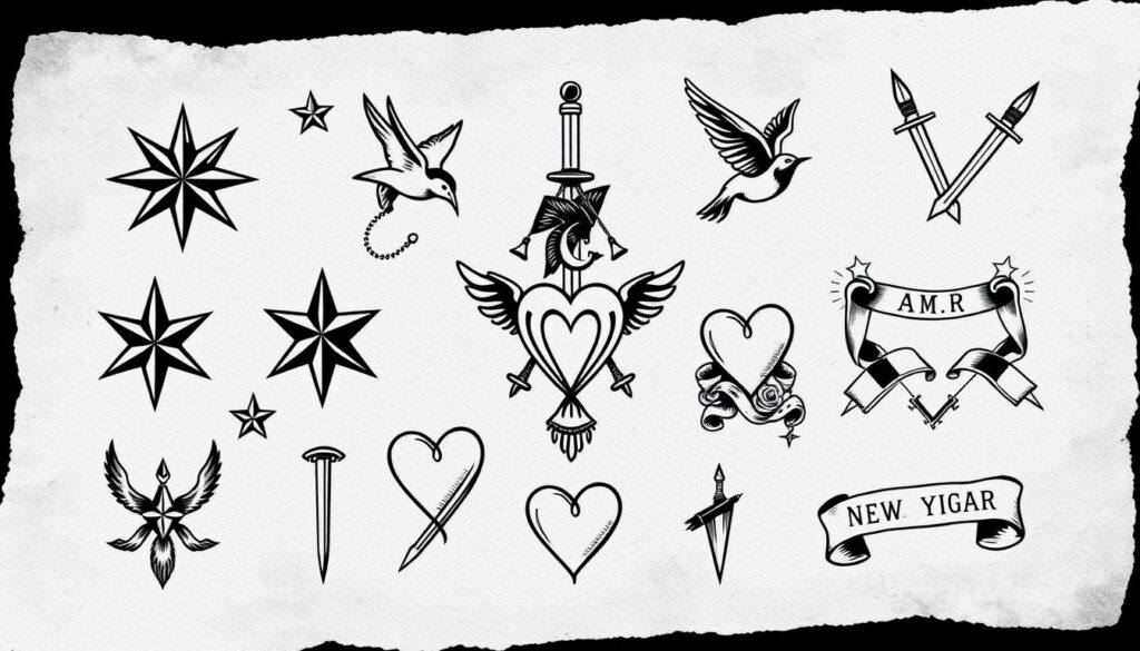 A black and white illustration of American traditional tattoo designs, depicting iconic motifs like nautical stars, swallows, daggers, hearts, and scrolls. The tattoos are showcased against a textured background resembling old, weathered parchment paper. The composition features a clean, minimalist layout with the tattoos arranged in a visually striking manner, highlighting their bold linework, intricate patterns, and timeless aesthetic. The overall mood evokes a sense of vintage Americana, historical significance, and the enduring appeal of this beloved tattoo style.
