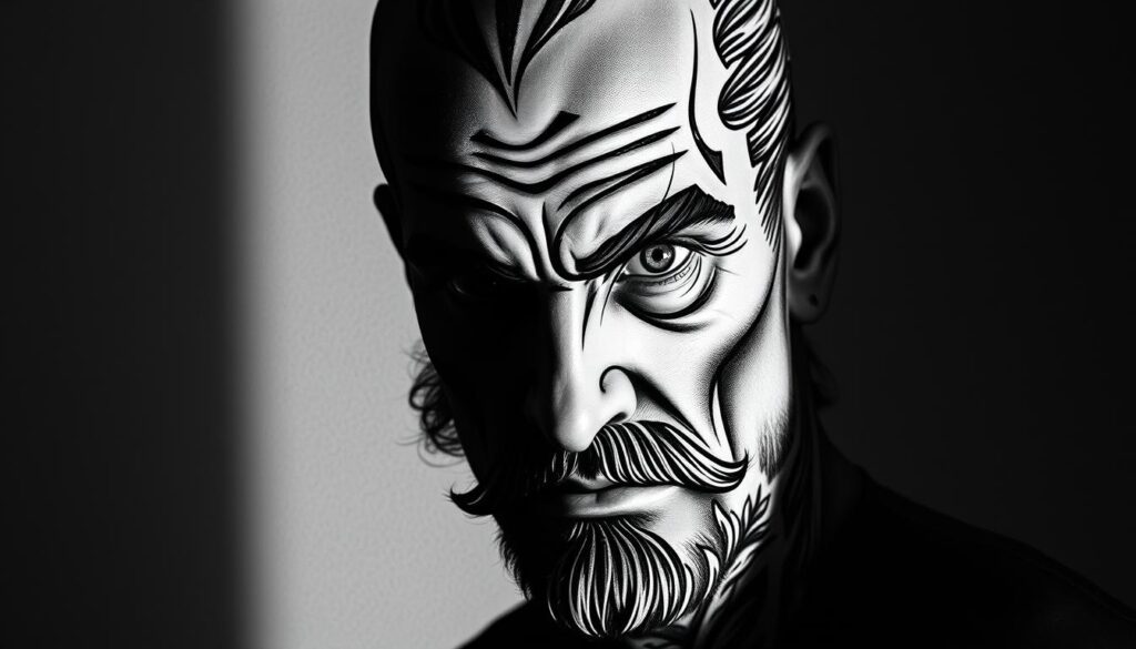 A black and white portrait of an American traditional tattoo, featuring a stoic, weathered face with bold, graphic lines and intricate floral patterns. The subject's gaze is piercing, their features accentuated by dramatic chiaroscuro lighting, casting deep shadows that create a sense of depth and dimension. The background is a plain, textured surface, allowing the tattoo artwork to take center stage. The overall composition has a vintage, rugged aesthetic, evoking the timeless essence of American traditional tattoo culture.