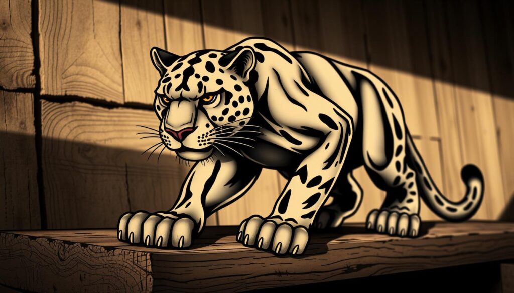 A bold and iconic American traditional tattoo of a sailor jerry-style panther. Rendered in a timeless sepia-toned palette, the panther's powerful muscles ripple beneath its sleek fur as it crouches on a weathered wooden surface, its intense gaze focused and determined. The tattoo is depicted with exquisite attention to detail, from the intricate line work to the subtle shading that brings depth and texture to the design. Dramatic low-angle lighting casts dramatic shadows, heightening the sense of drama and raw energy. The overall composition evokes the rich heritage and enduring appeal of American traditional tattoo art.