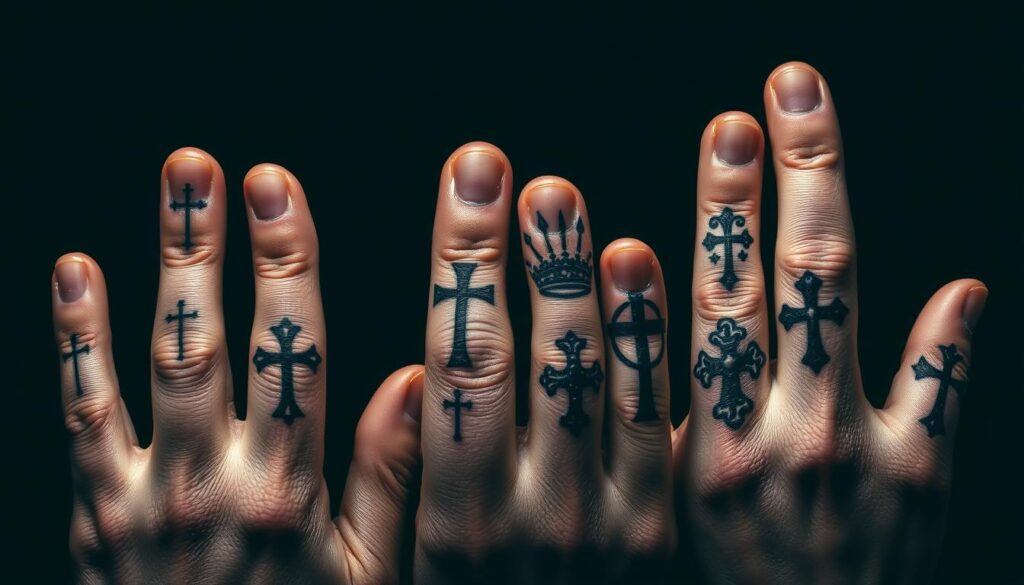 A bold, graphic array of cross-themed finger tattoo designs. Crisp lines and bold, dynamic compositions create a striking visual impact. The tattoos are depicted with meticulous detail, capturing the textural elements of the ink and skin. Dramatic shadows and highlights dramatize the designs, which range from minimalist, geometric crosses to more ornate, decorative variations. The lighting is dramatic, with a moody, atmospheric quality that lends an air of intensity and gravitas. The camera angle is slightly elevated, emphasizing the tactile quality of the designs and their placement on the fingers. The overall mood is one of strength, individuality and a touch of edginess.