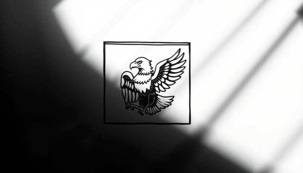 A bold, striking American traditional tattoo design against a contrasting black and white backdrop. The central image features thick, confident linework depicting a classic American eagle or similar iconic motif, its feathers and details rendered with precision. The tattoo is set within a tight, bordered frame, casting a dramatic shadow that adds depth and dimension. Dramatic side lighting creates high-contrast highlights and shadows, emphasizing the bold, graphic nature of the traditional tattoo style. The overall composition has a vintage, timeless feel, capturing the essence of this unique American art form.