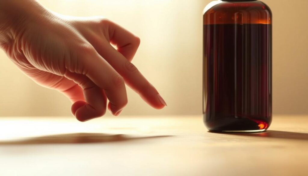 A bottle of bitter nail polish solution rests on a wooden surface, its dark-colored liquid casting a hazy glow under warm, directional lighting. In the foreground, a hand reaches towards the bottle, fingers pinched together, conveying the urge to break the nail-biting habit. The background fades into a soft, blurred gradient, drawing the viewer's attention to the central subject and the tactile, tangible nature of the solution. The overall mood is one of focused determination, highlighting the strategies needed to overcome this challenging behavioral pattern. A bottle of bitter nail polish solution rests on a wooden surface, its dark-colored liquid casting a hazy glow under warm, directional lighting. In the foreground, a hand reaches towards the bottle, fingers pinched together, conveying the urge to break the nail-biting habit. The background fades into a soft, blurred gradient, drawing the viewer's attention to the central subject and the tactile, tangible nature of the solution. The overall mood is one of focused determination, highlighting the strategies needed to overcome this challenging behavioral pattern.