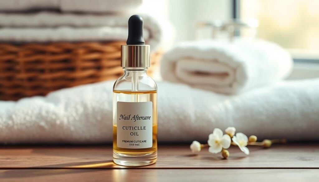 A bottle of premium cuticle oil sitting on a wooden surface, illuminated by soft, natural lighting. The bottle has a dropper applicator and a label with the words "Nail Aftercare Cuticle Oil" in a clean, elegant font. The glass bottle reflects the warm, ambient light, creating a soothing, spa-like atmosphere. In the background, a stack of plush, white towels and a few delicate flowers add a touch of luxury, hinting at the indulgent self-care ritual this product is meant to facilitate. The overall composition conveys a sense of tranquility and care, perfectly suited to illustrate the "Nail Aftercare and Post-Removal Maintenance" section of the article.