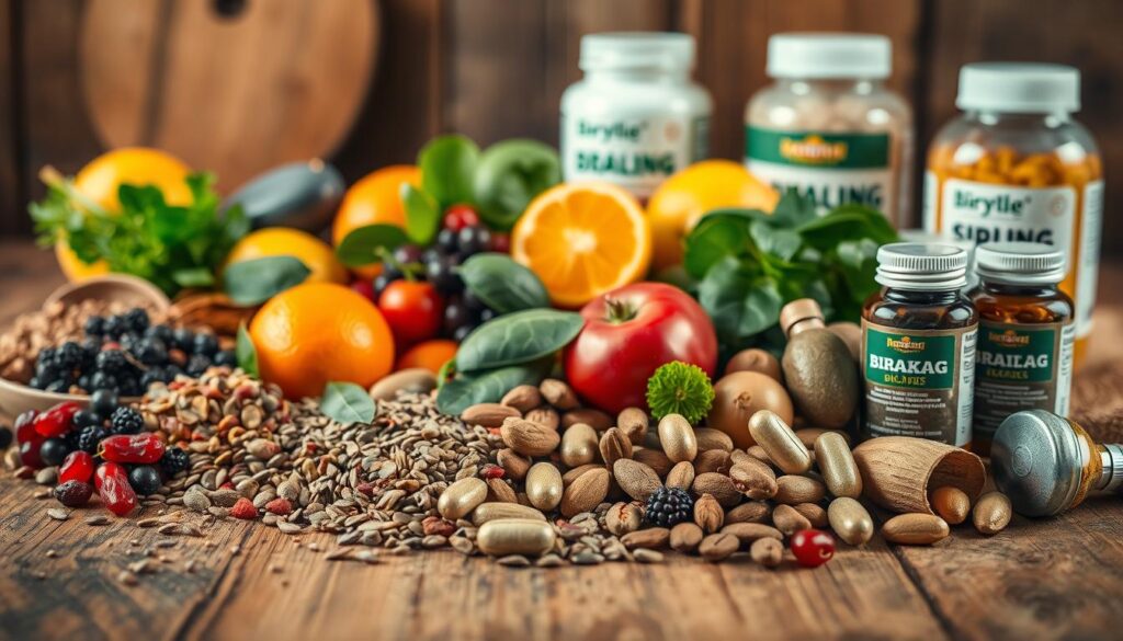 A bountiful assortment of vibrant, whole food ingredients arranged artfully on a rustic wooden table, illuminated by warm, natural lighting. In the foreground, an assortment of nuts, seeds, and superfoods like goji berries, chia seeds, and Brazil nuts. In the middle ground, colorful fresh fruits and vegetables like oranges, kiwis, and spinach leaves. In the background, a variety of supplements and capsules showcasing their beneficial nutrients for nail health, such as biotin, silica, and zinc. The scene evokes a sense of nourishment, vitality, and a holistic approach to strengthening and revitalizing the nails. A bountiful assortment of vibrant, whole food ingredients arranged artfully on a rustic wooden table, illuminated by warm, natural lighting. In the foreground, an assortment of nuts, seeds, and superfoods like goji berries, chia seeds, and Brazil nuts. In the middle ground, colorful fresh fruits and vegetables like oranges, kiwis, and spinach leaves. In the background, a variety of supplements and capsules showcasing their beneficial nutrients for nail health, such as biotin, silica, and zinc. The scene evokes a sense of nourishment, vitality, and a holistic approach to strengthening and revitalizing the nails.