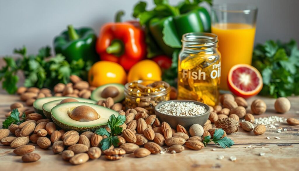 A bountiful still life scene of nutritious foods for nail health, arranged artfully on a wooden table under soft, natural lighting. In the foreground, an assortment of raw almonds, Brazil nuts, and walnuts are scattered among sliced avocado and fresh parsley sprigs. In the middle ground, a glass jar filled with fish oil capsules sits alongside a small bowl of steel-cut oats. In the background, vibrant bell peppers, leafy greens, and a glass of fresh orange juice create a vibrant, health-focused composition. The overall mood is one of wellness, nourishment, and the natural ingredients that support strong, beautiful nails. A bountiful still life scene of nutritious foods for nail health, arranged artfully on a wooden table under soft, natural lighting. In the foreground, an assortment of raw almonds, Brazil nuts, and walnuts are scattered among sliced avocado and fresh parsley sprigs. In the middle ground, a glass jar filled with fish oil capsules sits alongside a small bowl of steel-cut oats. In the background, vibrant bell peppers, leafy greens, and a glass of fresh orange juice create a vibrant, health-focused composition. The overall mood is one of wellness, nourishment, and the natural ingredients that support strong, beautiful nails.
