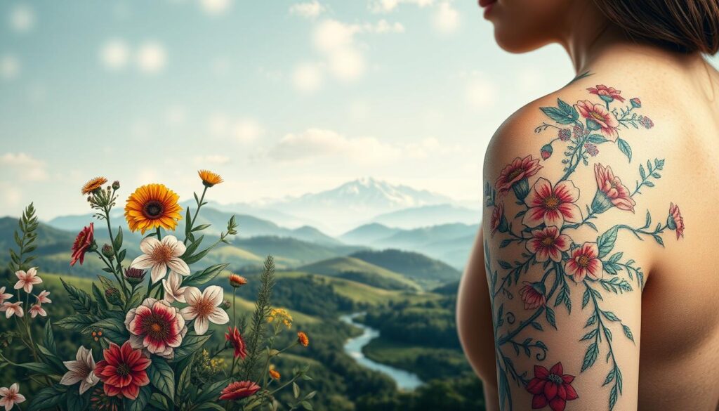 A breathtaking bouquet of nature-inspired tattoos, meticulously detailed against a serene backdrop. In the foreground, vibrant botanical motifs like delicate flowers, lush leaves, and intricate vines twine gracefully across the skin. The middle ground features tranquil landscapes - rolling hills, babbling brooks, and majestic mountain silhouettes - all rendered in a soft, ethereal palette. Dappled lighting creates a sense of depth and movement, while a hazy, atmospheric lens lends an air of mysticism. This cohesive, harmonious design celebrates the beauty and symbolism of the natural world, embodying a profound, personal connection to the environment.