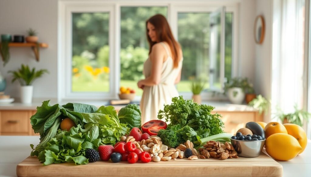 A bright, airy kitchen scene with a natural, warm lighting and a soft focus. In the foreground, a wooden cutting board displays an assortment of whole foods - leafy greens, berries, nuts, and other fibroid-friendly ingredients. In the middle ground, a woman in a flowing, natural-fiber dress stands, thoughtfully arranging the ingredients. Behind her, a large window overlooking a lush, verdant garden scene creates a calming, serene atmosphere. The overall mood is one of mindfulness, health, and a holistic approach to managing fibroids through dietary changes.