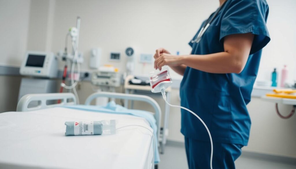 A bright, well-lit medical setting with a hospital bed in the foreground. On the bedside table, a tourniquet, antiseptic wipes, and a blood donation bag and tubing. In the middle ground, a nurse in scrubs preparing the donation area, swabbing the patient's arm with an alcohol wipe. In the background, medical equipment and supplies, conveying a sterile, professional atmosphere. The lighting is clean and even, accentuating the clinical nature of the scene. The overall mood is one of reassurance and safety, reflecting the preparation steps for a successful and painless blood donation.
