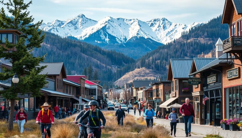 A bustling mountain town nestled in the heart of the Rocky Mountains, Ketchum local identity is a vibrant tapestry of outdoor adventure, arts, and community. In the foreground, a group of hikers and bikers explore the winding trails, their laughter echoing through the crisp alpine air. In the middle ground, a quaint main street lined with charming boutiques and cafes, their facades adorned with rustic wooden signs and colorful flower boxes. In the background, towering peaks rise majestically, their snow-capped summits casting a serene and awe-inspiring glow over the scene. The mood is one of rugged authenticity, where the natural world and human ingenuity coexist in perfect harmony, reflecting the resilient and welcoming spirit of the Ketchum community.