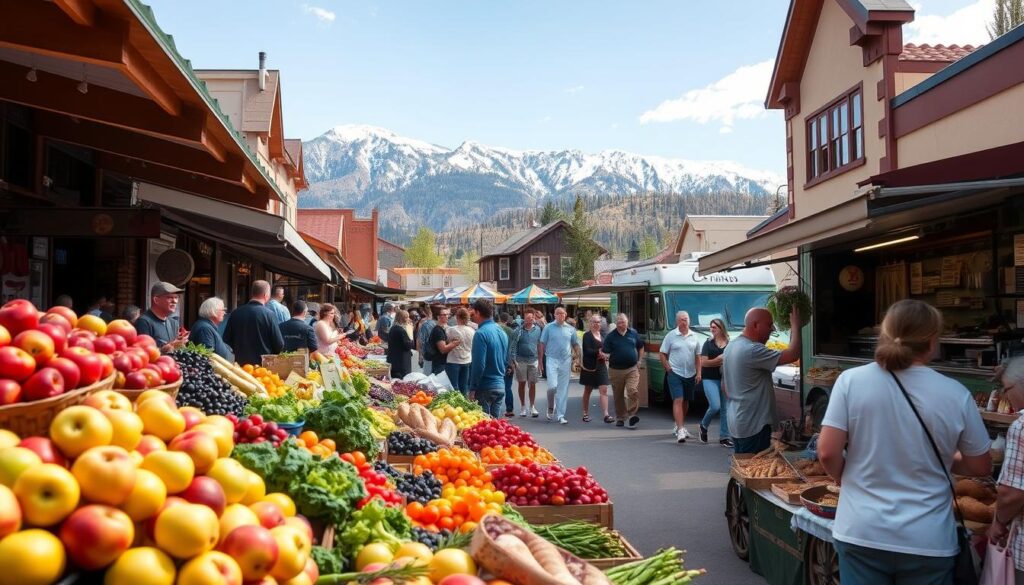 A bustling outdoor market in the quaint town of Ketchum, Idaho, showcasing the region's bountiful culinary offerings. In the foreground, a vibrant display of fresh produce - crisp apples, vibrant berries, and earthy root vegetables. Vendors sell artisanal breads, creamy cheeses, and succulent meats, creating a symphony of aromas that fill the air. In the middle ground, locals and tourists mingle, sampling dishes from food trucks offering hearty stews, flaky fish tacos, and indulgent sweets. The background is framed by the majestic Sawtooth Mountains, their snow-capped peaks reflecting the warm afternoon sun. The scene exudes a sense of community, tradition, and a deep appreciation for the flavors that define Ketchum's culinary heritage.